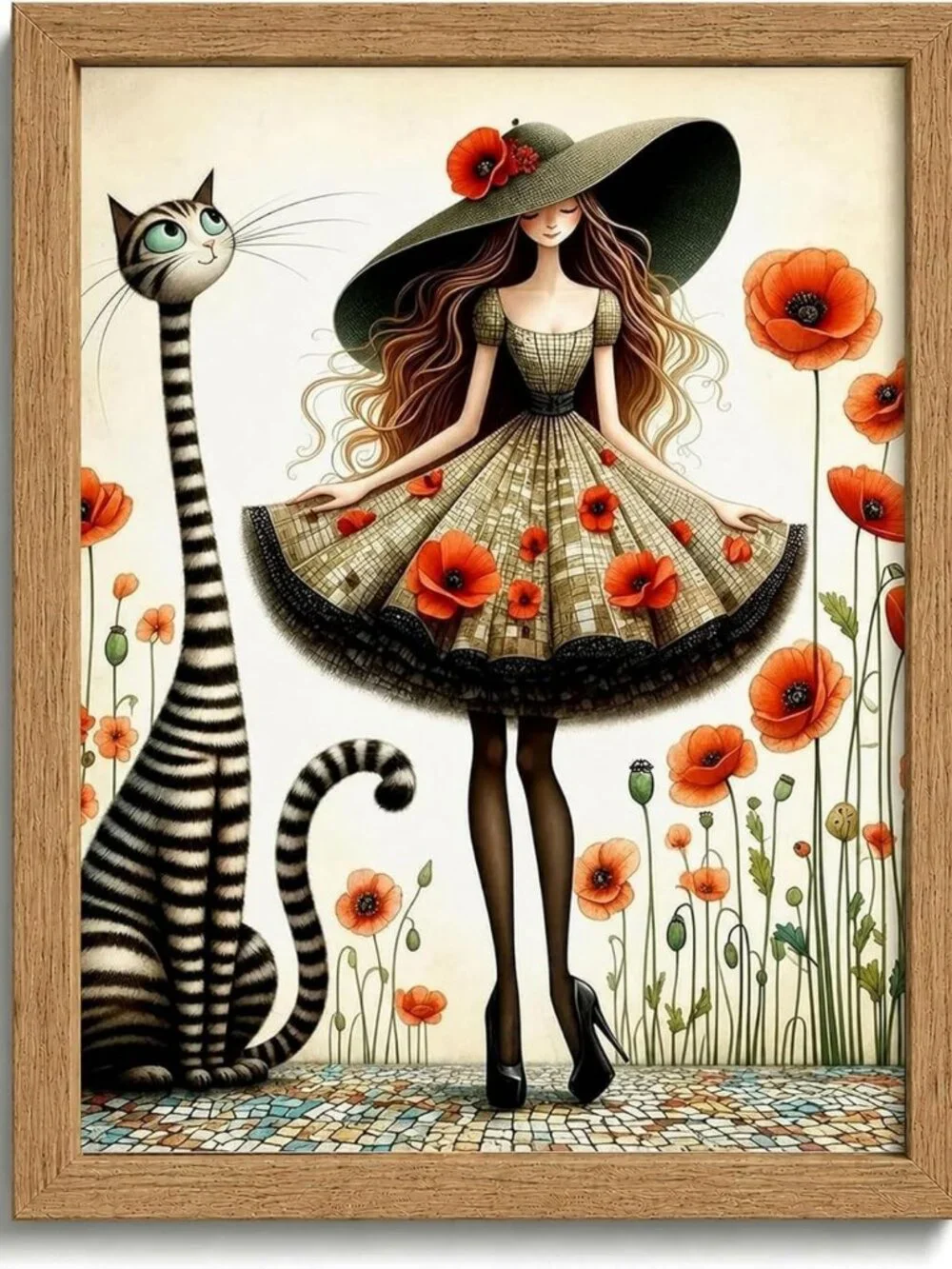 Whimsical Girl & Cat Canvas Wall Art - Brown Solid Wood Frame, 12x16in Decor